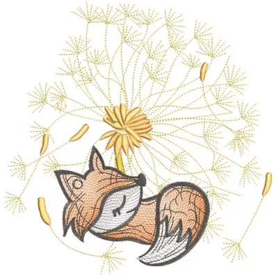 Fox cub resting under a dandelion, showcasing intricate embroidery design details.