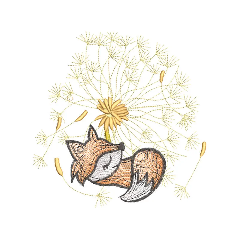 Fox cub resting under a dandelion, showcasing intricate embroidery design details.