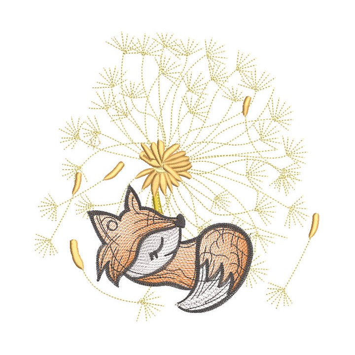 Fox cub is resting under a dandelion embroidery design - Embroidery Design