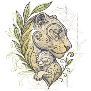 Lioness and cub sketch embroidery design
