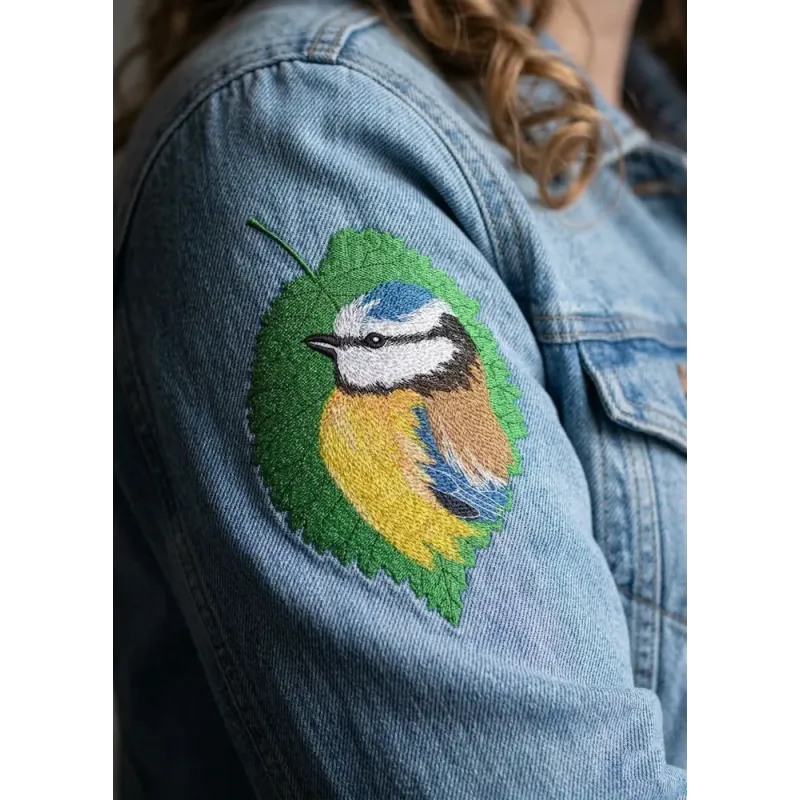 Tree leaf with birdie embroidery design showcasing a delicate bird perched on a leaf, ideal for various fabric projects.