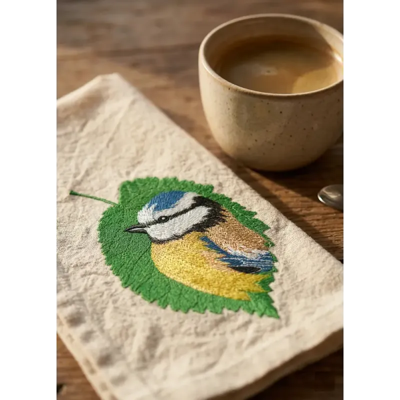 Embroidery design featuring a tree leaf with a birdie, ideal for stitching on t-shirts or tote bags.