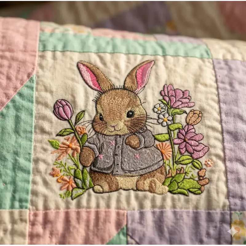 Embroidery design featuring a baby bunny surrounded by vibrant forest flowers, perfect for children's apparel.