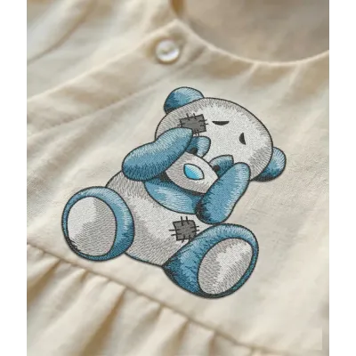 Closeup of the Playing Panda embroidery design featuring a cute panda in a woodland setting.