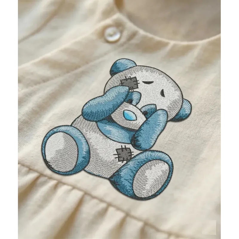 Closeup of the Playing Panda embroidery design featuring a cute panda in a woodland setting.