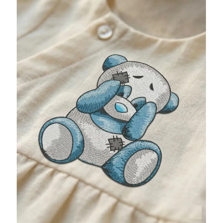 Closeup of the Playing Panda embroidery design featuring a cute panda in a woodland setting.