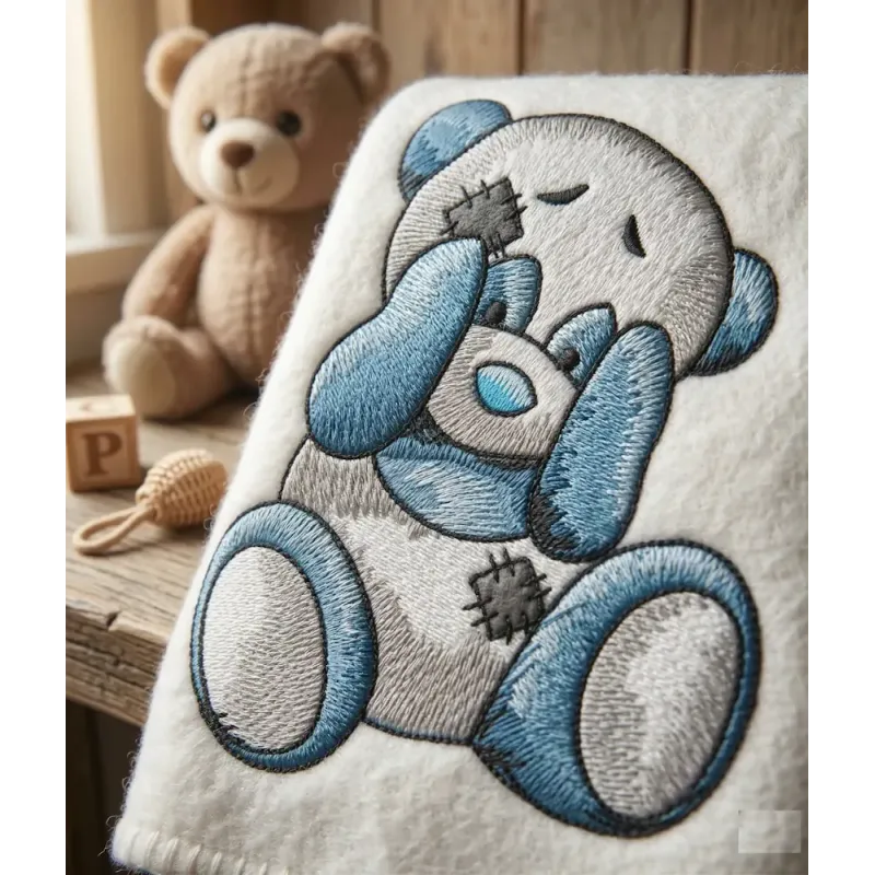 Closeup of the Playing Panda embroidery design, featuring a cute panda motif ideal for woodland-themed projects.