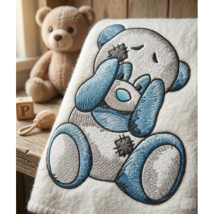 Closeup of the Playing Panda embroidery design, featuring a cute panda motif ideal for woodland-themed projects.