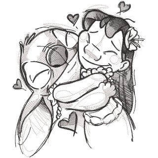 Love Lilo and stitch greyscale sketch embroidery design - Embroidery Design