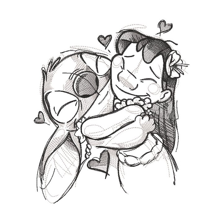 Greyscale sketch embroidery design featuring Love Lilo and Stitch characters in a whimsical layout.