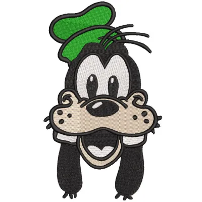 Smiling Goofy Head embroidery design featuring a cheerful, cartoonish Goofy with a wide grin and floppy ears.