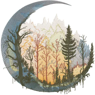 Moon autumn forest embroidery design featuring vibrant fall foliage and a glowing moonlit sky.
