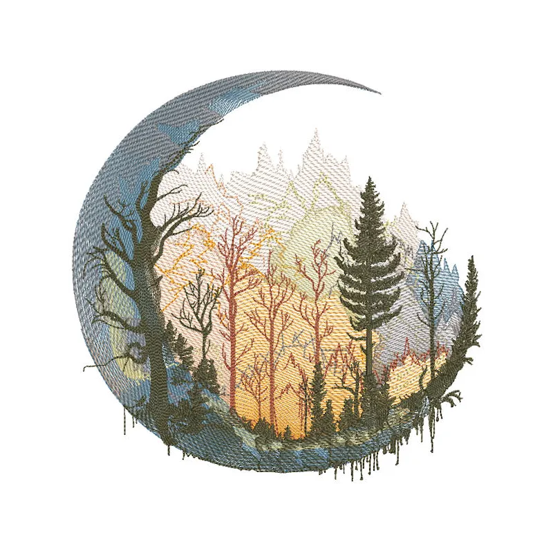 Moon autumn forest embroidery design featuring vibrant fall foliage and a glowing moonlit sky.