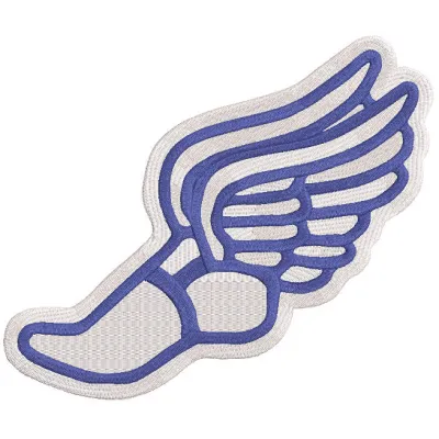 Winged Running Shoe embroidery design featuring intricate stitching and vibrant colors on a fabric background.