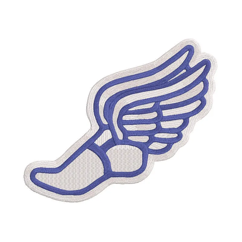 Winged Running Shoe embroidery design featuring intricate stitching and vibrant colors on a fabric background.