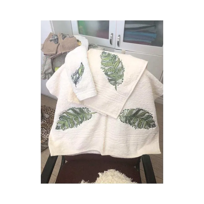 Closeup of a gorgeous feather embroidery design, showcasing intricate stitching patterns for creative projects.