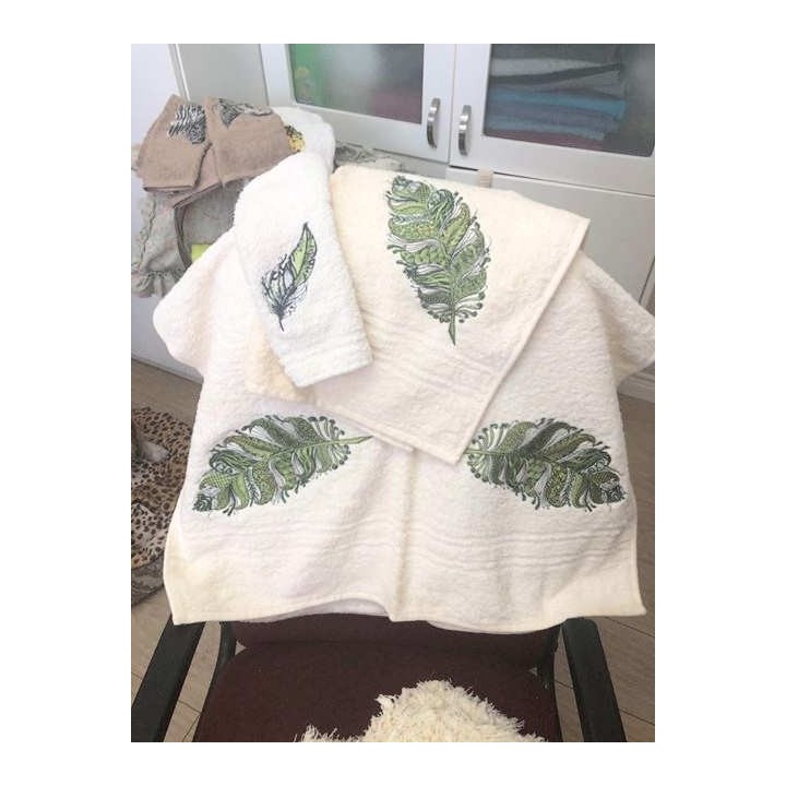 Closeup of a gorgeous feather embroidery design, showcasing intricate stitching patterns for creative projects.