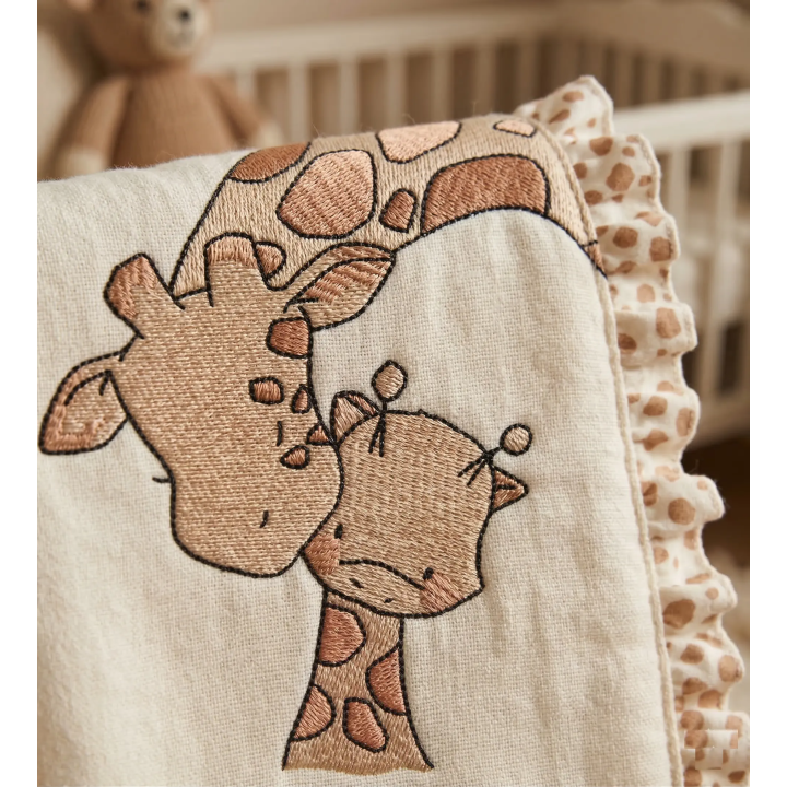 Closeup of the Giraffe Kiss baby giraffe embroidery design, showcasing charming stitched motifs for baby items.