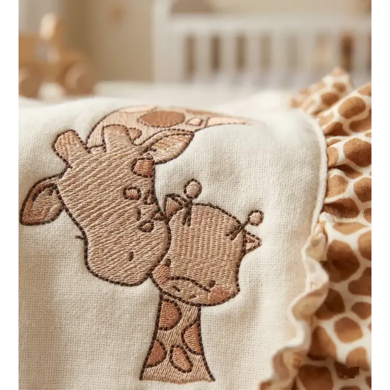 Giraffe kiss baby giraffe embroidery design preview showcasing a playful giraffe motif for baby items.
