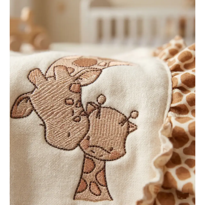 Giraffe kiss baby giraffe embroidery design preview showcasing a playful giraffe motif for baby items.