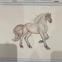 A closeup of a rainbow horse sketch embroidery design showcasing intricate stitching patterns for creative projects.