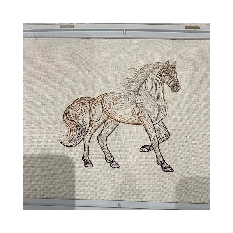 A closeup of a rainbow horse sketch embroidery design showcasing intricate stitching patterns for creative projects.