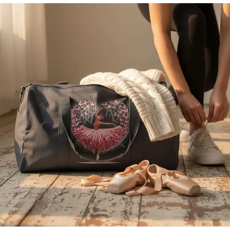 Closeup of the 'Ballet in my Heart' embroidery design featuring delicate dance motifs, perfect for tote bags and hoodies.