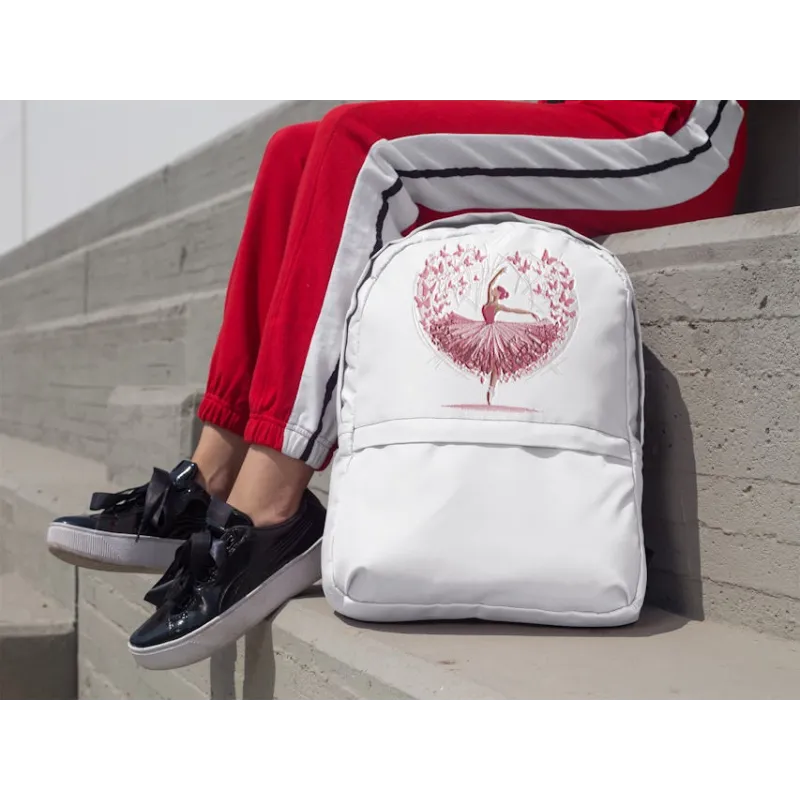 Ballet in my heart embroidery design showcasing a graceful dancer, ideal for embellishing tote bags and t-shirts.