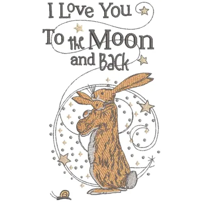 I love you to the Moon and back embroidery design featuring a charming bunny, ideal for baby onesies and pillows.