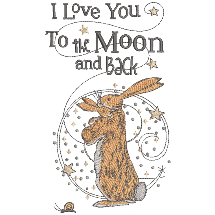 I love you to the Moon and back embroidery design featuring a charming bunny, ideal for baby onesies and pillows.