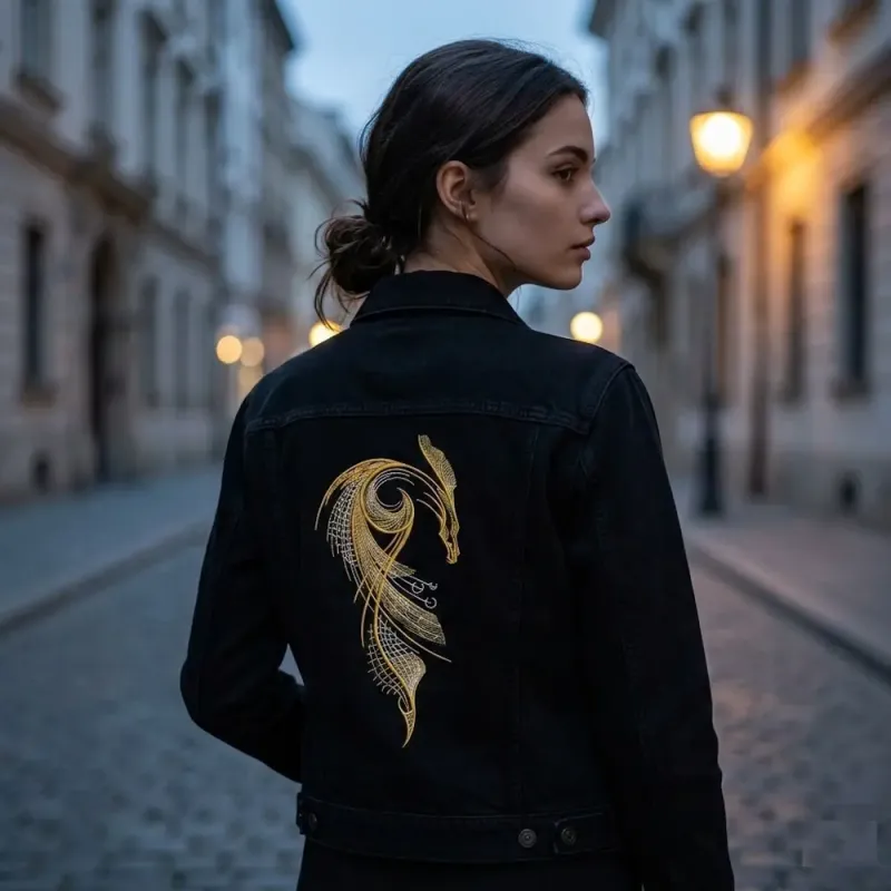 Gold dragon embroidery design showcasing intricate details, perfect for stitching on jackets or bags.