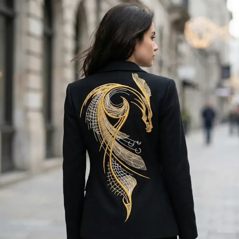 Gold dragon embroidery design showcasing intricate details, ideal for stitching on t-shirts and hoodies.