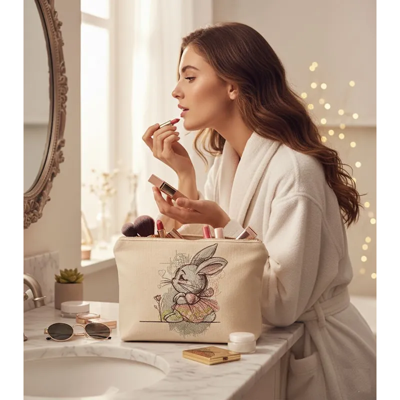 Closeup of the Dreamer Bunny Girl in Sundress embroidery design, showcasing intricate stitching patterns and details.