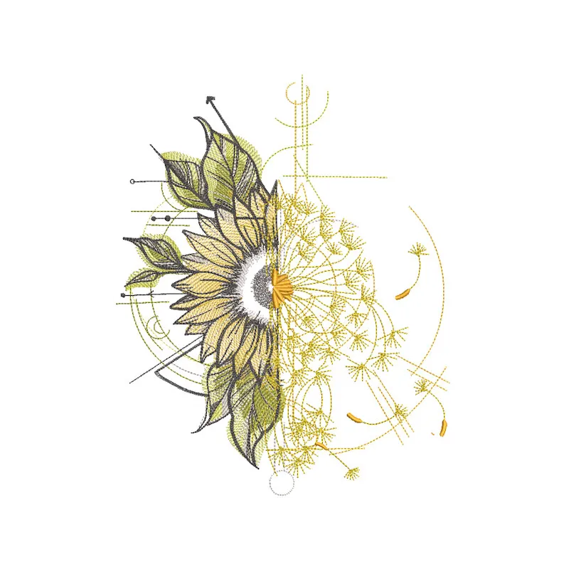 Chamomile vs Dandelion embroidery design featuring intricate floral patterns in vibrant colors.
