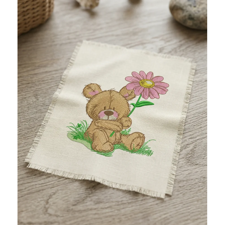 Cute teddy bear with pyrethrum embroidery design - Embroidery Design