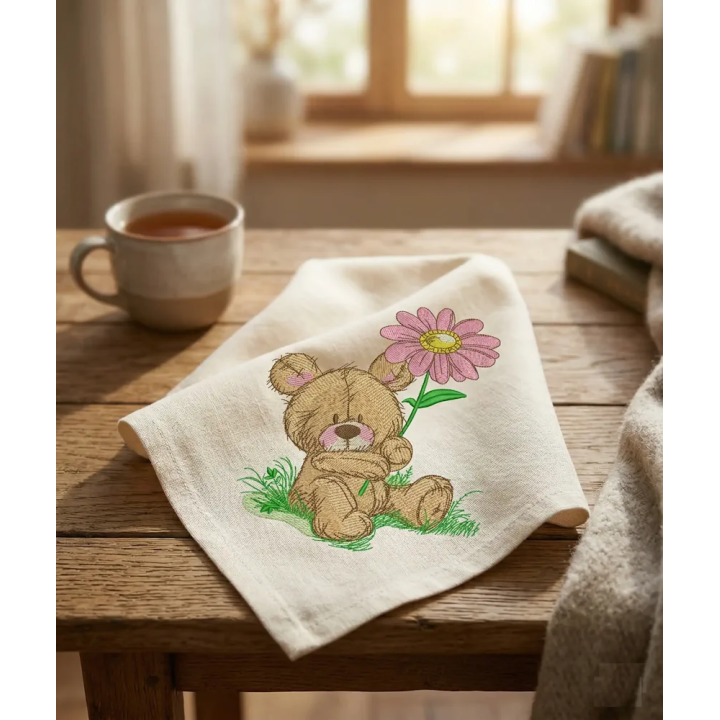 Cute teddy bear with pyrethrum embroidery design - Embroidery Design