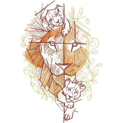 Lioness with cubs geometry style embroidery design featuring intricate patterns and soft colors.