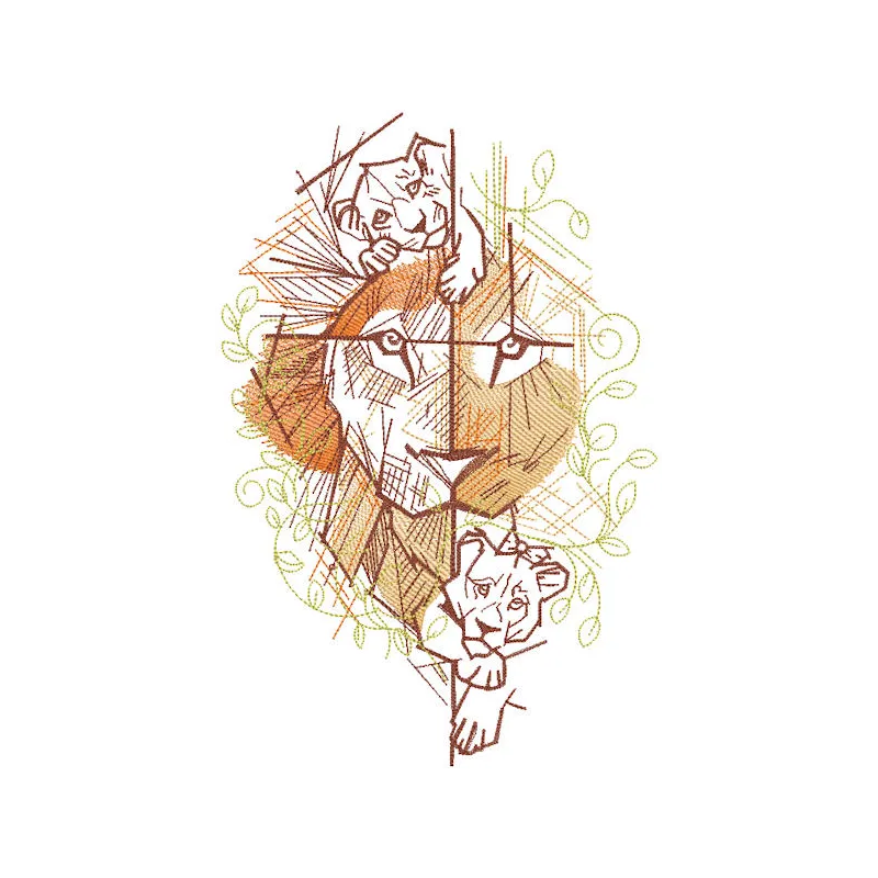 Lioness with cubs geometry style embroidery design featuring intricate patterns and soft colors.