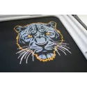 Embroidery design featuring a dark blue panther on a dark background, showcasing intricate stitching patterns.