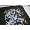 Dark blue panther embroidery design showcased on a dark background, perfect for embellishing t-shirts and hoodies.