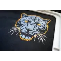 Embroidery design featuring a dark blue panther on a dark background, ideal for jackets and bags.