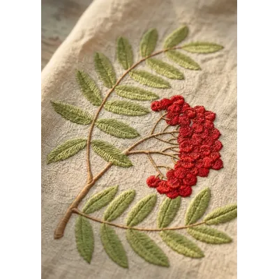 Closeup of ripe mountain ash embroidery design showcasing vibrant colors and intricate details for summer projects.