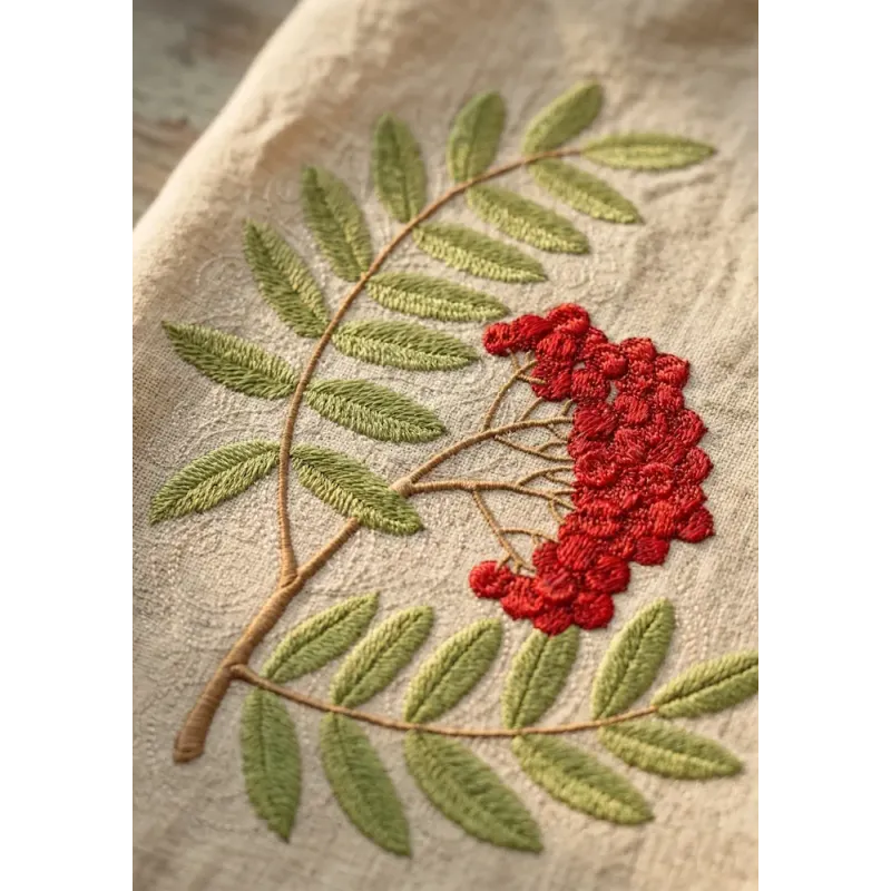 Closeup of ripe mountain ash embroidery design showcasing vibrant colors and intricate details for summer projects.