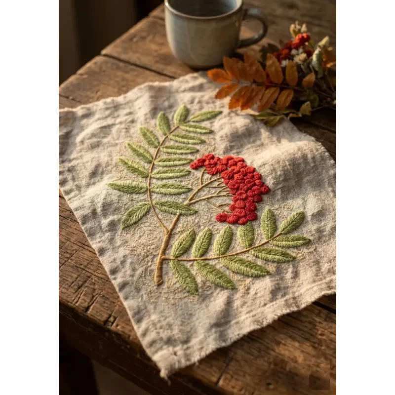 Ripe mountain ash embroidery design featuring vibrant berries, ideal for summer projects on t-shirts and tote bags.