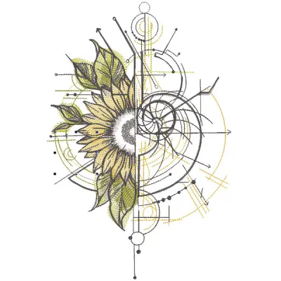 Intricate chamomile embroidery design featuring geometric patterns on a soft fabric background.