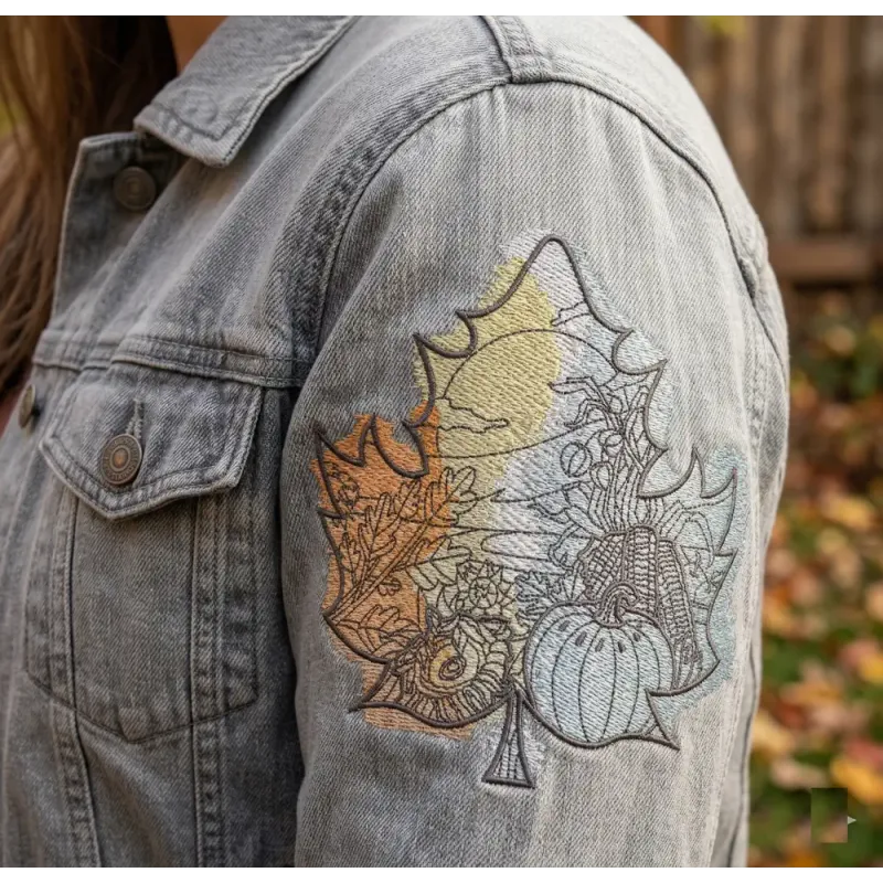 Autumn leaf landscape embroidery design showcasing vibrant fall colors, ideal for stitching on home decor items.