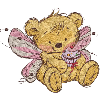 Adorable bear fairy holding a cupcake embroidery design, perfect for embellishing baby onesies or tote bags