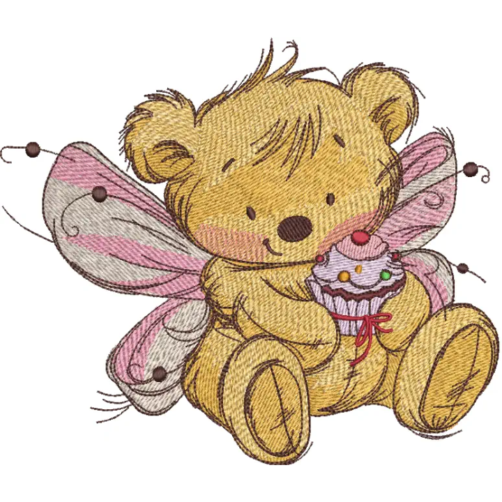 Adorable bear fairy holding a cupcake embroidery design, perfect for embellishing baby onesies or tote bags