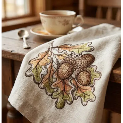 Closeup of the Acorns Fall Colors embroidery design showcasing vibrant autumn hues, ideal for seasonal projects.