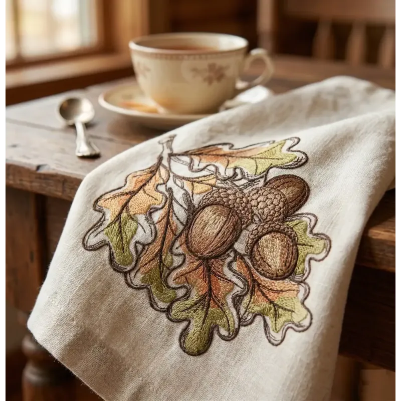 Closeup of the Acorns Fall Colors embroidery design showcasing vibrant autumn hues, ideal for seasonal projects.